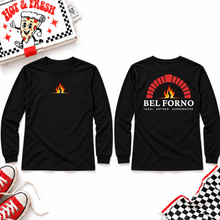 Load image into Gallery viewer, Bel Forno unisex long sleeve — centered front flame and full back logo

