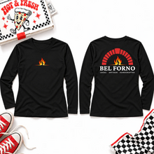 Load image into Gallery viewer, Bel Forno women's long sleeve — centered front flame and full back logo
