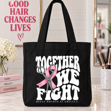 Load image into Gallery viewer, Bella Rococo Together We Fight black tote supporting Bosom Buddies Foundation
