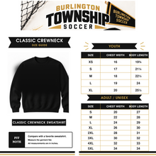 Load image into Gallery viewer, Burlington Township Soccer Classic Crewneck youth and adult size guide with blank garment
