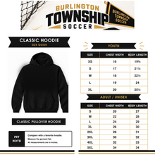 Load image into Gallery viewer, Burlington Township Soccer Classic Hoodie youth and adult size guide with blank garment
