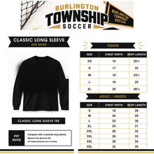Load image into Gallery viewer, Burlington Township Soccer Classic Long Sleeve Tee youth and adult size guide with blank garment
