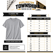Load image into Gallery viewer, Burlington Township Soccer Classic Short Sleeve Tee youth and adult size guide
