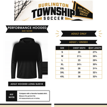 Load image into Gallery viewer, Burlington Township Soccer adult Hooded Long Sleeve performance size guide with blank garment
