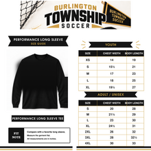 Load image into Gallery viewer, Burlington Township Soccer Performance Long Sleeve youth and adult size guide with blank garment
