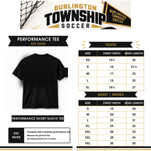Load image into Gallery viewer, Burlington Township Soccer Performance Tee youth and adult size guide with blank garment
