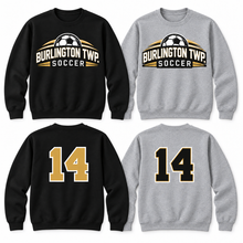 Load image into Gallery viewer, Burlington Township Soccer Game Day crewnecks in Black and Sport Grey
