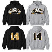 Load image into Gallery viewer, Burlington Township Soccer Game Day hoodies in Black and Sport Grey
