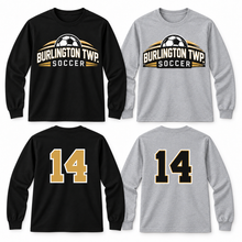 Load image into Gallery viewer, Burlington Township Soccer Game Day long sleeve shirts in Black and Sport Grey
