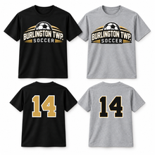 Load image into Gallery viewer, Burlington Township Soccer Game Day tees in Black and Sport Grey with optional custom player number
