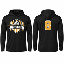 Load image into Gallery viewer, Burlington Township Soccer United black performance hooded long sleeve with optional custom player number
