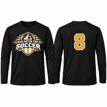 Load image into Gallery viewer, Burlington Township Soccer United black performance long sleeve with optional custom player number
