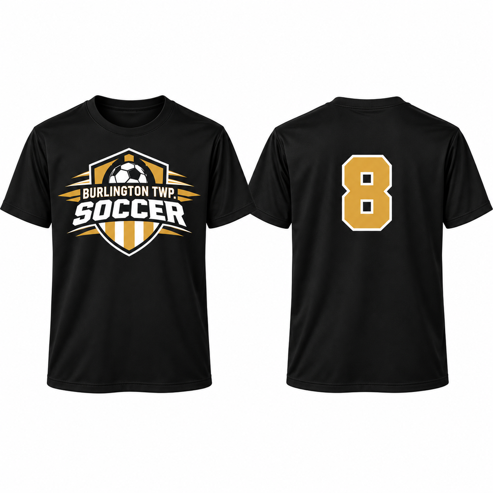 Burlington Township Soccer United black performance tee with optional custom player number
