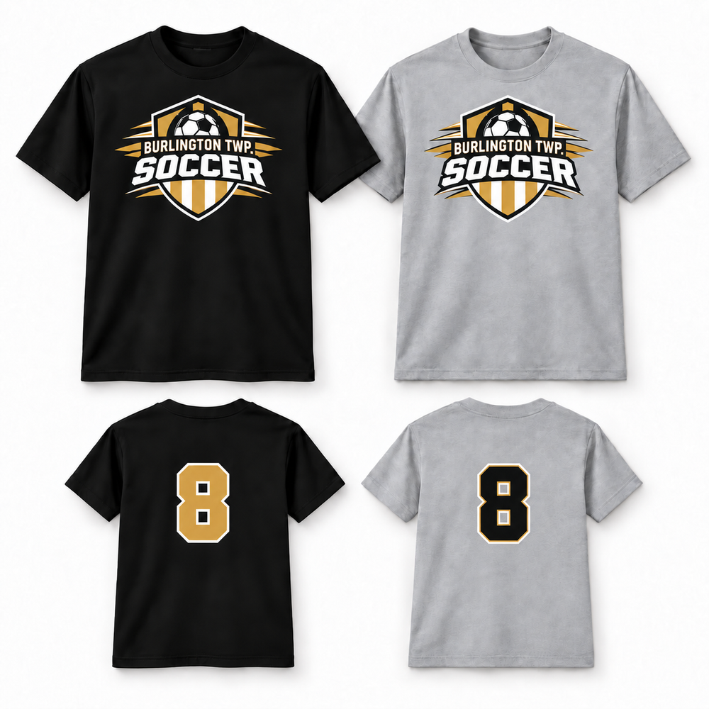 Burlington Township Soccer United tees in Black and Sport Grey with optional custom player number