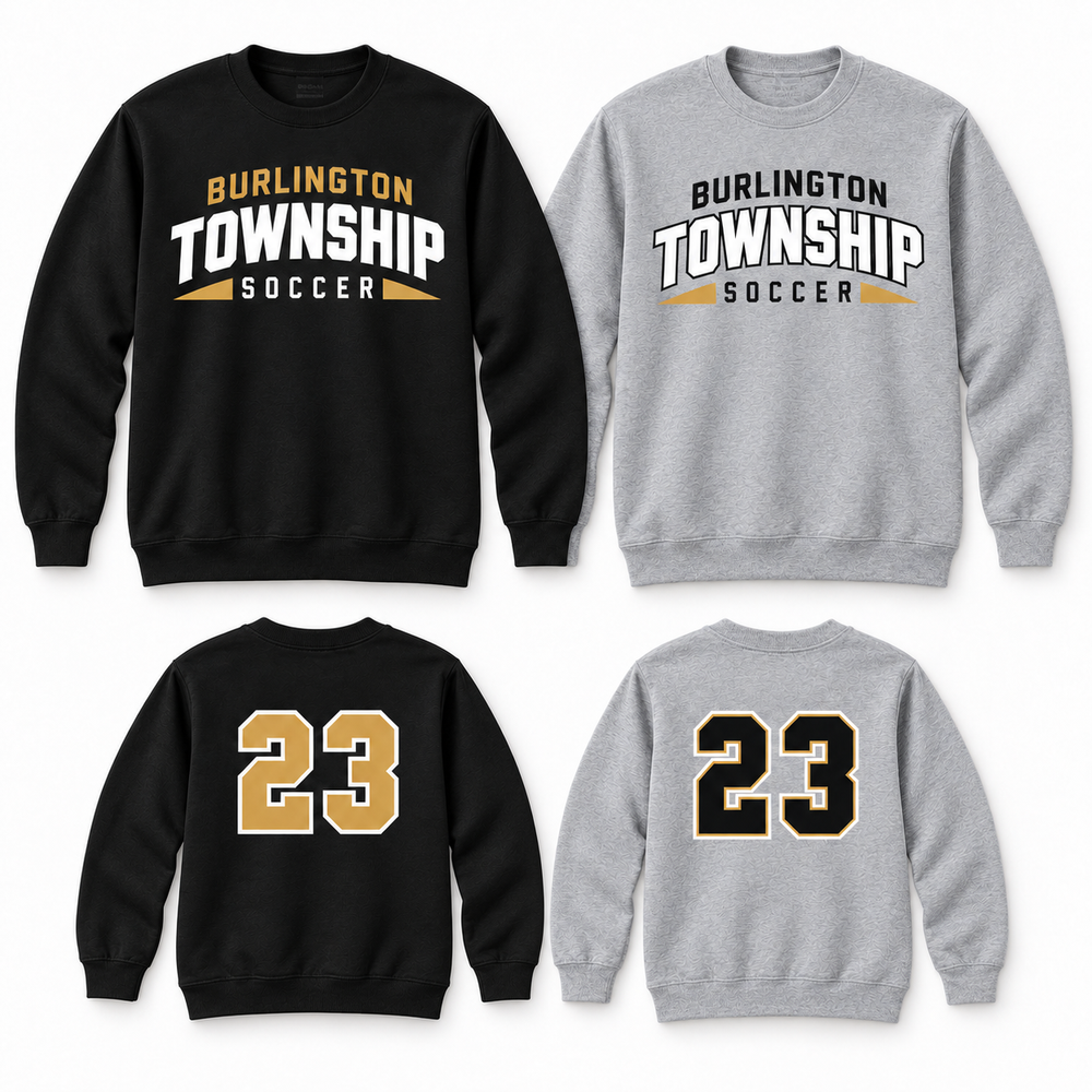 Burlington Township Soccer Varsity crewnecks in Black and Sport Grey