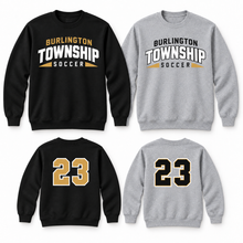 Load image into Gallery viewer, Burlington Township Soccer Varsity crewnecks in Black and Sport Grey
