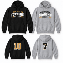 Load image into Gallery viewer, Burlington Township Soccer Varsity hoodies in Black and Sport Grey with optional custom player numbers
