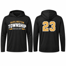 Load image into Gallery viewer, Burlington Township Soccer Varsity black performance hooded long sleeve with optional custom player number
