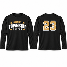 Load image into Gallery viewer, Burlington Township Soccer Varsity black performance long sleeve with optional custom player number
