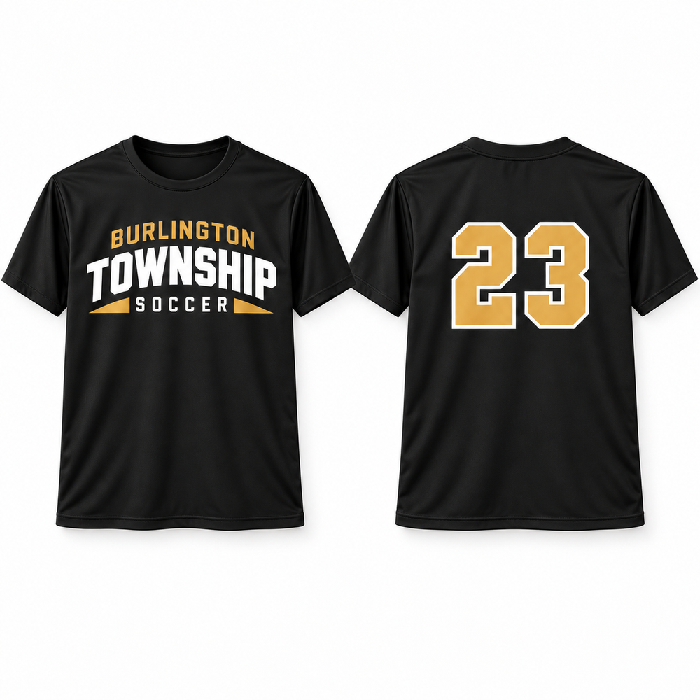 Burlington Township Soccer Varsity black performance tee with optional custom player number