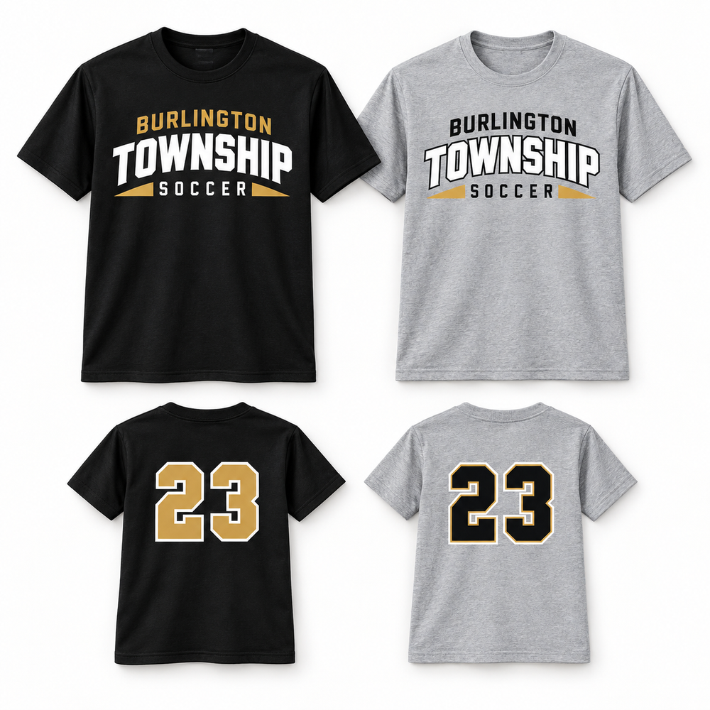 Burlington Township Soccer Varsity tees in Black and Sport Grey with optional custom player numbers