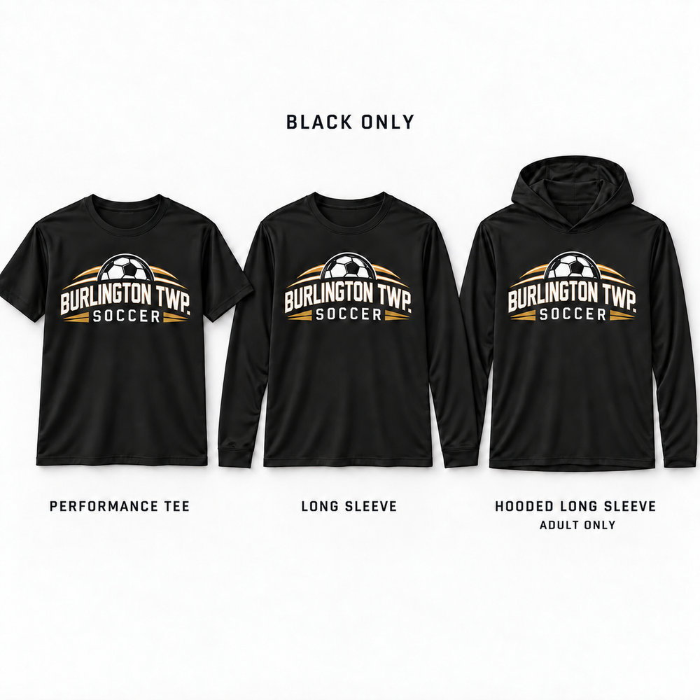 Black Game Day performance tee and long sleeve for youth and adults; hooded long sleeve for adults only