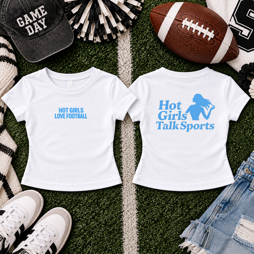 Hot Girls Love Football Baddie Blue baby tee front and back football flat lay