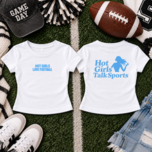 Load image into Gallery viewer, Hot Girls Love Football Baddie Blue baby tee front and back football flat lay
